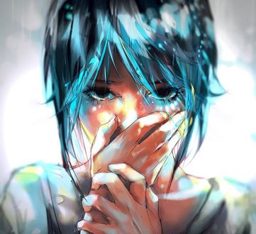 Обои на рабочий стол Девушка с голубыми волосами держит руки у лица, by yuumei