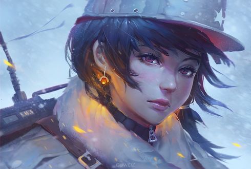 Обои на рабочий стол Девушка - солдат под падающим снегом, by GUWEIZ