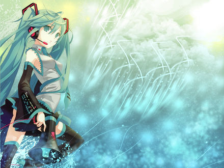 Обои на рабочий стол Вокалоид Хатсуне Мику / Vocaloid Hatsune Miku в наушниках с рупором на голубом фоне, art by H2SO4