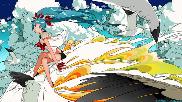 Обои на рабочий стол Вокалоид Хатсуне Мику / Vocaloid Hatsune Miku летит в облаках среди чаек, art by Maron Kuzakawe