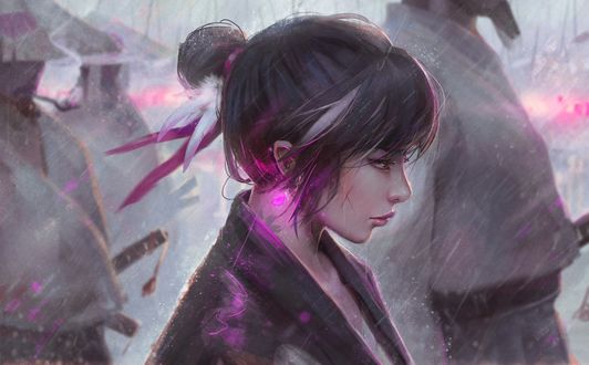 Обои на рабочий стол Девушка стоит под дождем, by GUWEIZ