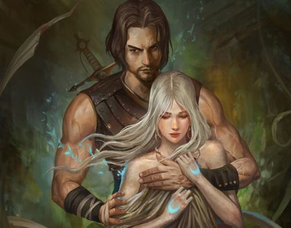 Обои на рабочий стол Мужчина - воин обнимаает девушку, by Phu Thieu