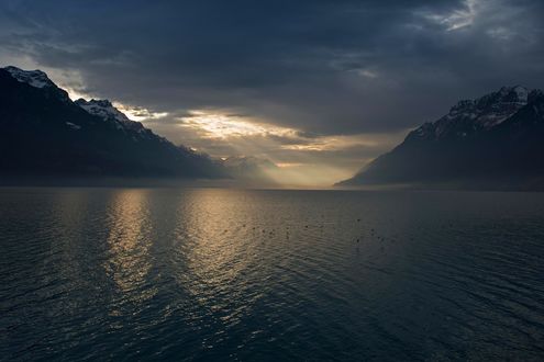 Обои на рабочий стол Море в лучах заката, птицы летят низко над водой, на вершинах гор лежит снег