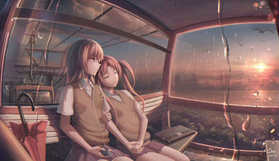 Обои на рабочий стол Misaka Mikoto / Мисака Микото и Shirai Kuroko / Ширай Куроко в кабине колеса обозрения, персонажи из аниме To Aru Kagaku no Railgun / Некий научный Рейлган и To Aru Majutsu no Index / Индекс Волшебства, art by Shon