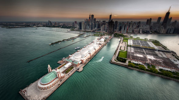 Обои на рабочий стол Chicago, Illinois / Чикаго, Иллинойс, панорама порта, вид сверху