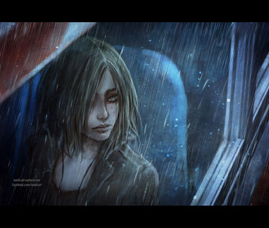 Обои на рабочий стол Девушка сидит в авто под дождем, by NanFe