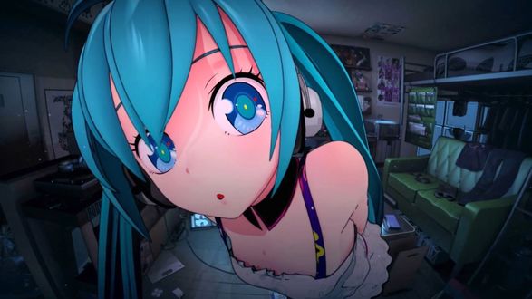 Обои на рабочий стол Vocaloid Hatsune Miku / Вокалоид Хатсунэ Мику смотрит прямо в камеру