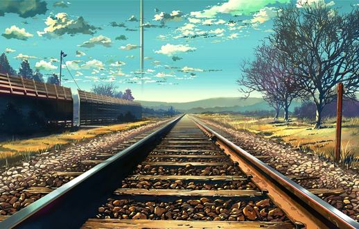 Обои на рабочий стол Железная дорога, ведушая вдаль, художник Makoto Shinkai