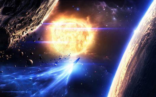 Обои на рабочий стол Космический корабль пролетает между двух планет, стремясь к огненной звезде, By Max Mitrofamov