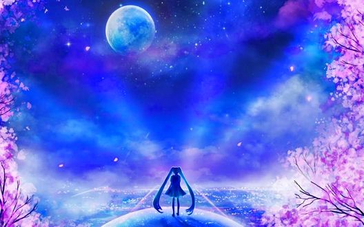 Обои на рабочий стол Vocaloid Hatsune Miku / Вокалоид Хацунэ Мику стоит на шаре в ночном небе, среди цветущей сакуры, в свете полной луны, by sugarmints