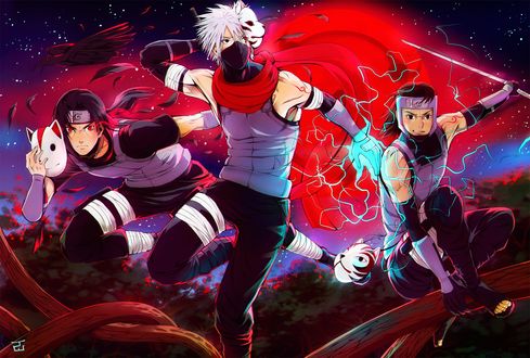 Обои на рабочий стол Kakashi Hatake / Какаши Хатаке, captain Yamato и Itachi Uchiha / Итачи Учиха в форме ANBU сражаются вместе, аниме Naruto / Наруто