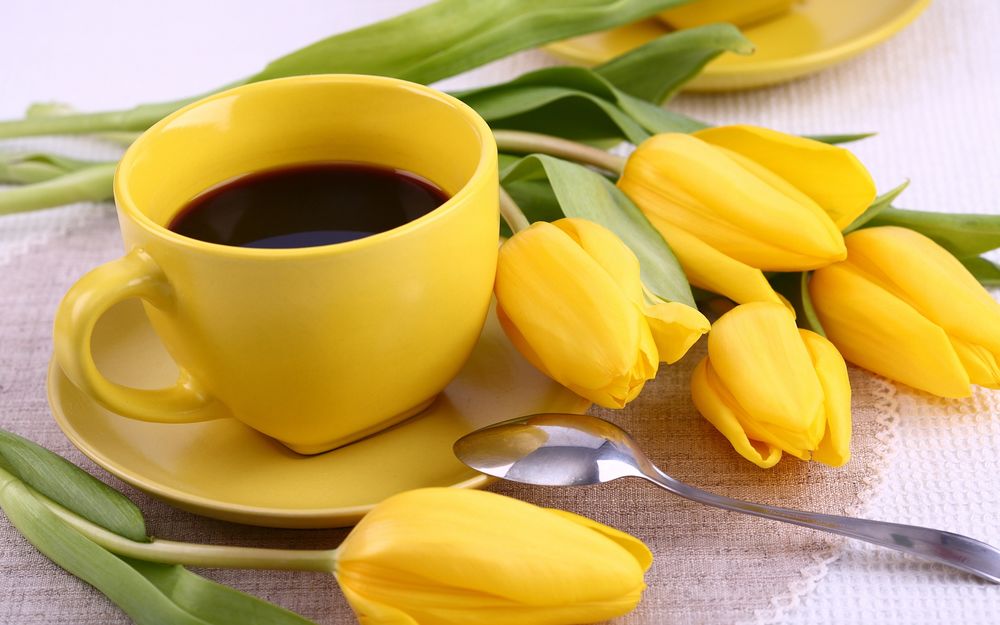 Обои для рабочего стола Чашка кофе и желтые тюльпаны