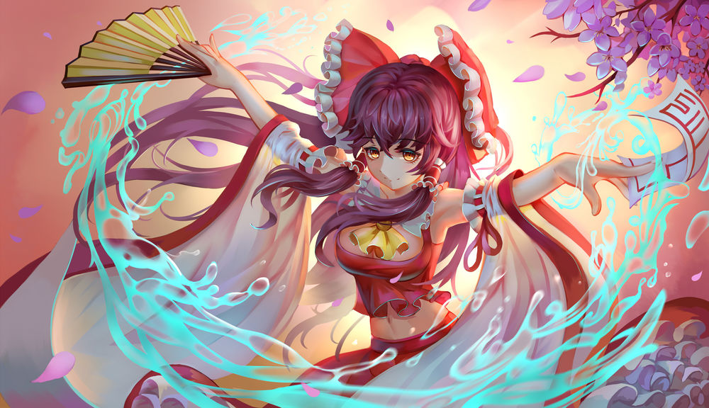 Обои для рабочего стола Reimu Hakurei / Рейму Хакурей использует магию, на фоне цветущей сакуры, из игры Проект Восток / Тохо / Touhou Project