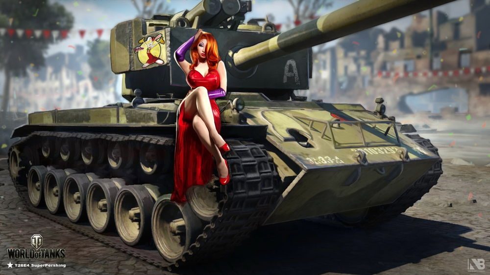 Обои для рабочего стола Jessica Rabbit сидит на танке из онлайн-игры Мир танков / World of Tanks