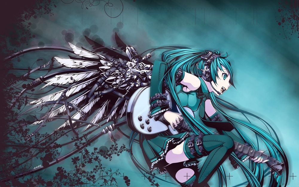 Обои для рабочего стола Вокалоид Хатсуне Мику / Vocaloid Hatsune Miku с механическими крыльями играет на гитаре на сером фоне