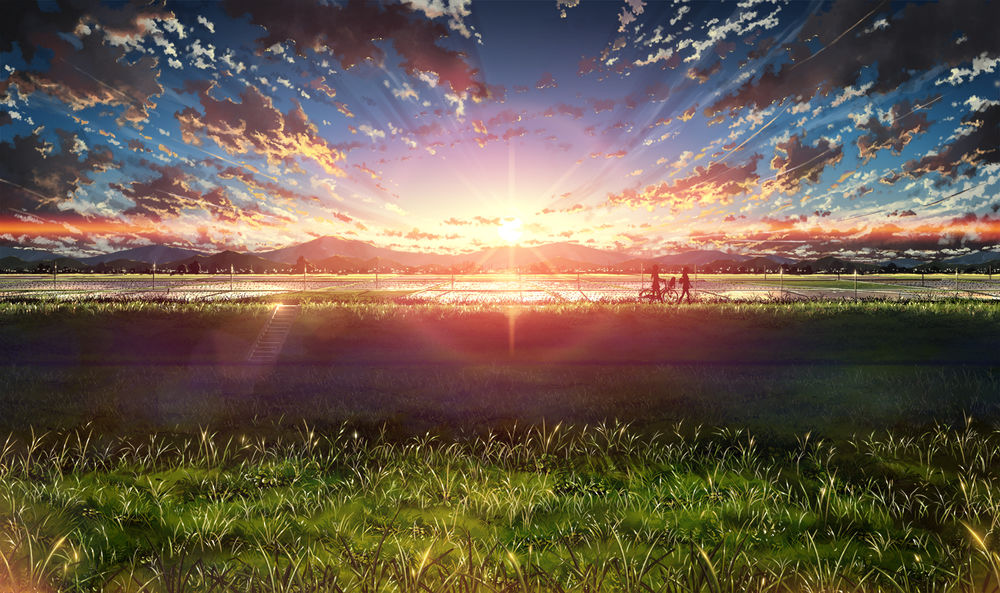 Обои для рабочего стола Две школьницы с велосипедом идут вдоль рисовых полей в лучах закатного солнца, by BoCuden