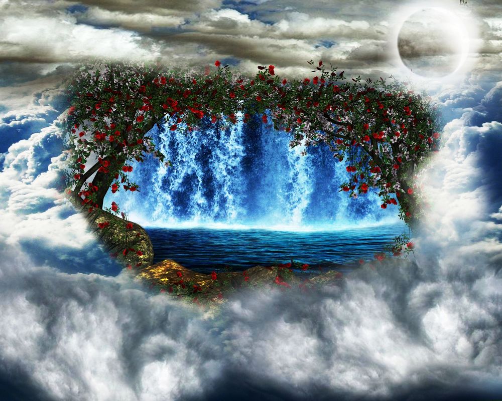 Обои для рабочего стола Над облаками водопад в окружении цветущих деревьев, над ним Луна в облачном небе, фантасмагория