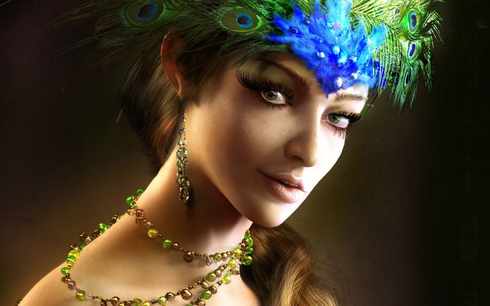 Обои для рабочего стола Девушка с зелеными глазами, длинными ресницами с перьями павлина на голове и с зелеными бусами на шее