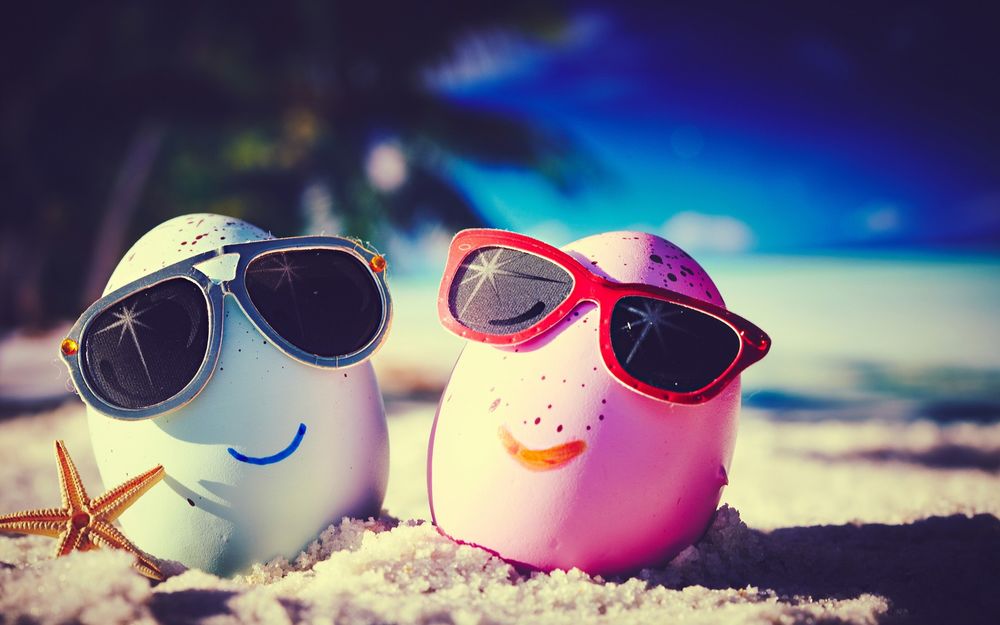 Обои для рабочего стола Голубое и розовое яйцо отдыхают на пляже в солнцезащитных очках