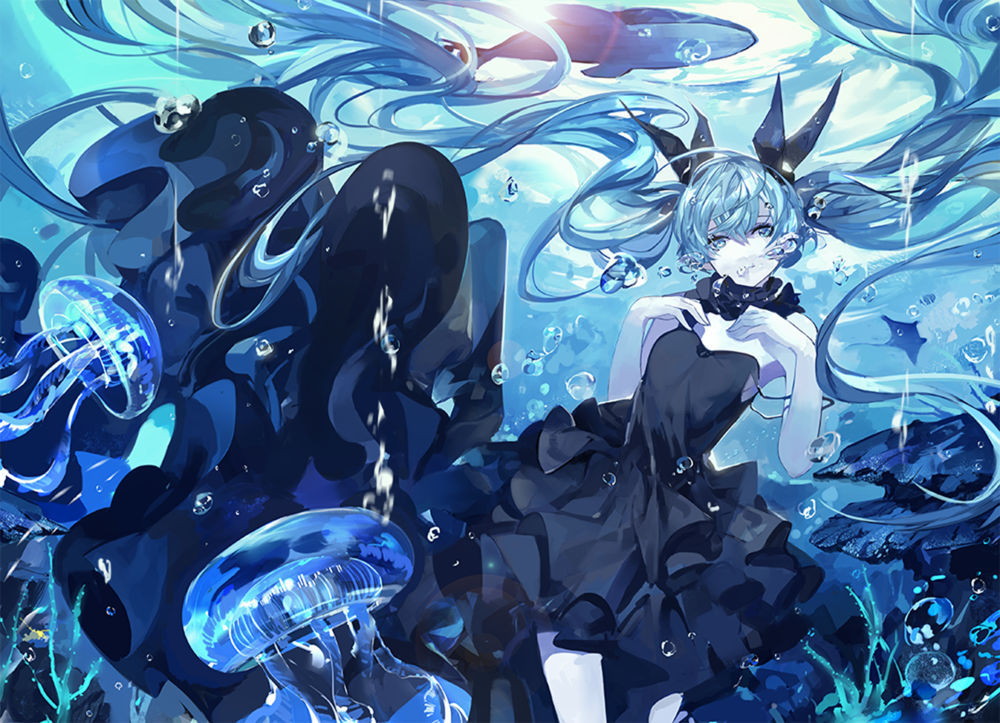 Обои для рабочего стола Vocaloid Hatsune Miku / Вокалоид Хатсунэ Мику под водой в окружении морских обитателей, by saberiii