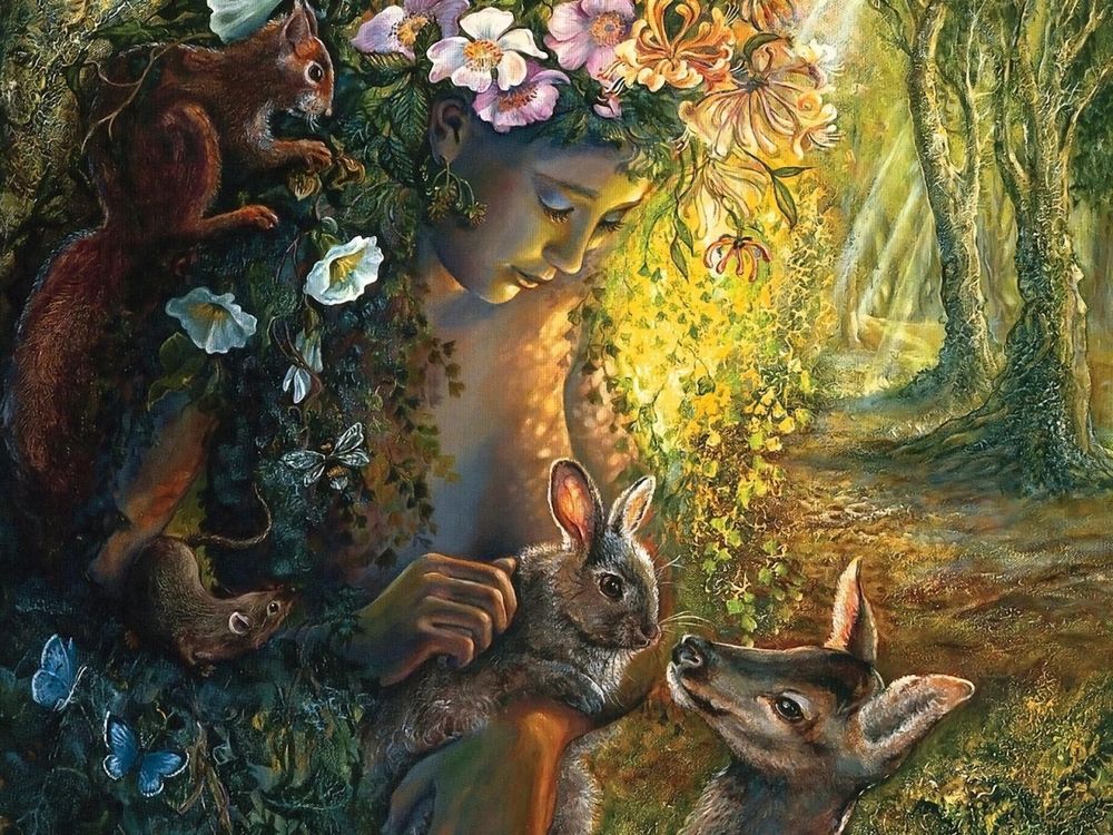 Обои для рабочего стола Лесная фея играет с животными, by Josephine Wall