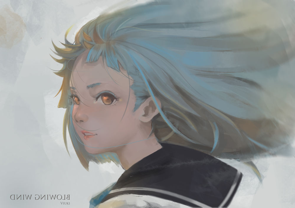 Обои для рабочего стола Школьница с пепельными волосами, by viuki (Blowing Wind)
