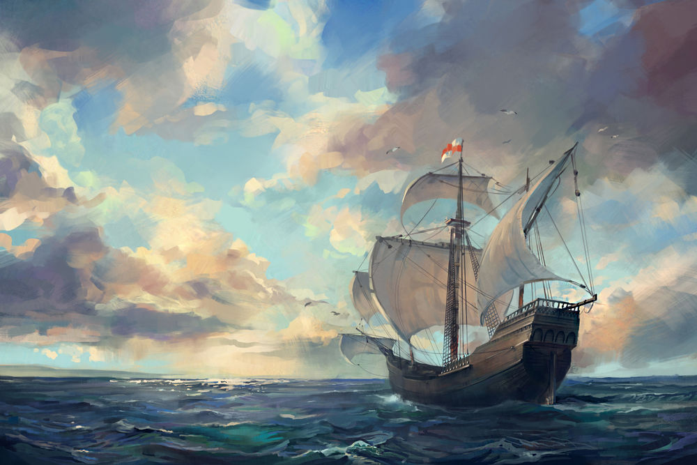 Обои для рабочего стола Парусник на воде на фоне облачного неба, by Skvor