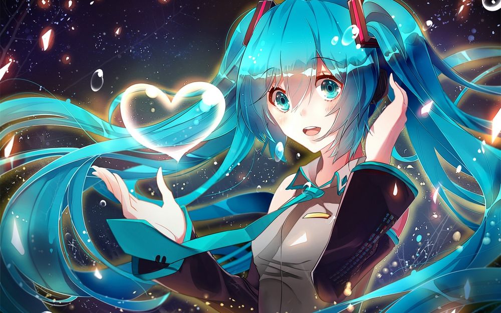 Обои для рабочего стола Vocaloid Hatsune Miku / Вокалоид Хатсунэ Мику смотрит на воздушное сердечко, by Jinko0094