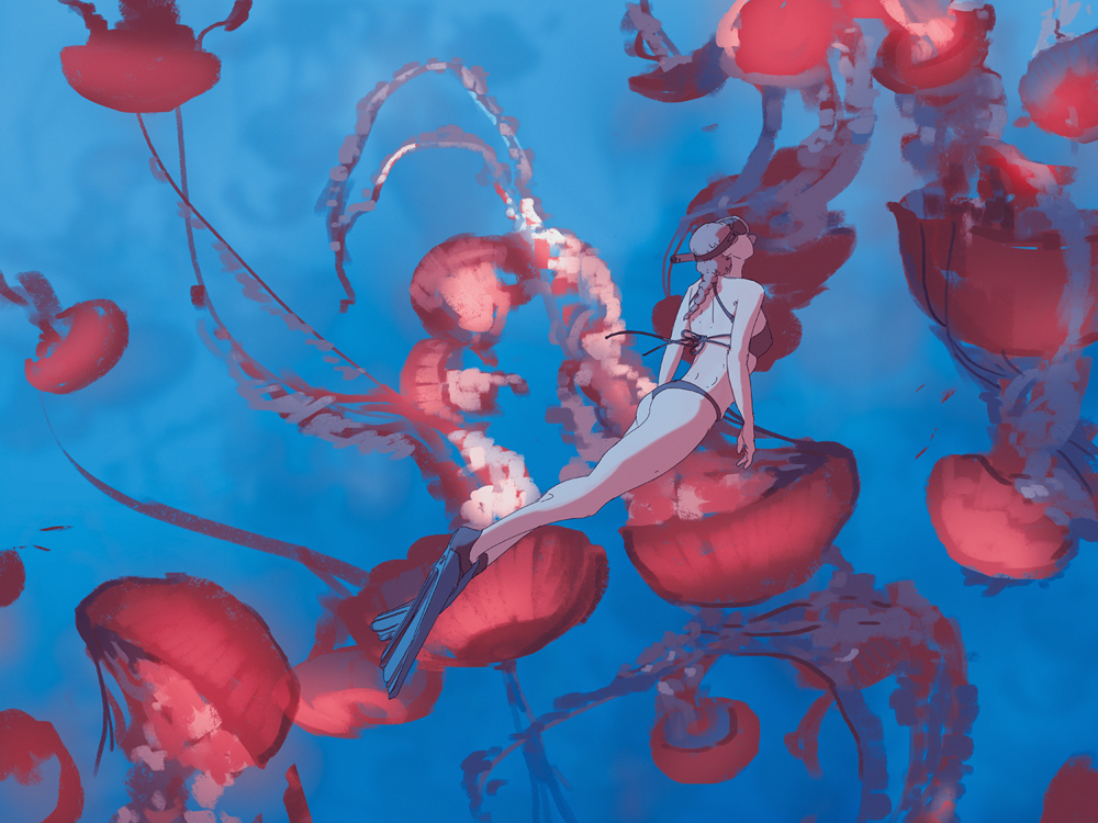 Обои для рабочего стола Девушка в ластах и маски плавает под водой в окружении розовых медуз, by snatti