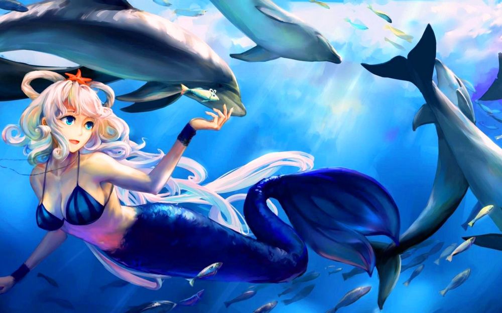 Обои для рабочего стола Vocaloid Luo Tianyi / Вокалоид Луо Тьянуй в образе русалки плавает под водой в окружении дельфинов