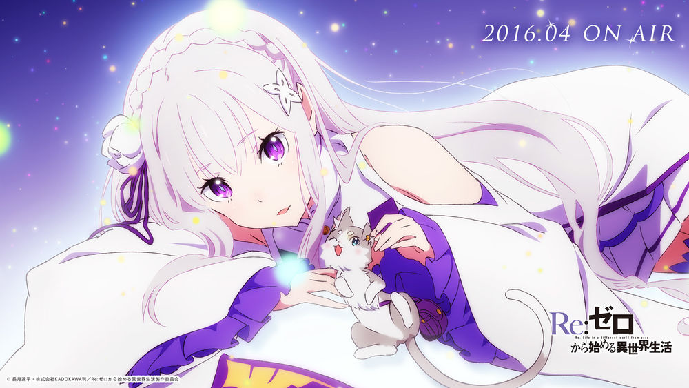 Обои для рабочего стола Emilia играет с котенком из аниме Жизнь с нуля в другом мире / Re: zero kara hijimeru isekai seikatsu, art by Kazuma Tanaka, 2016. 04 on air