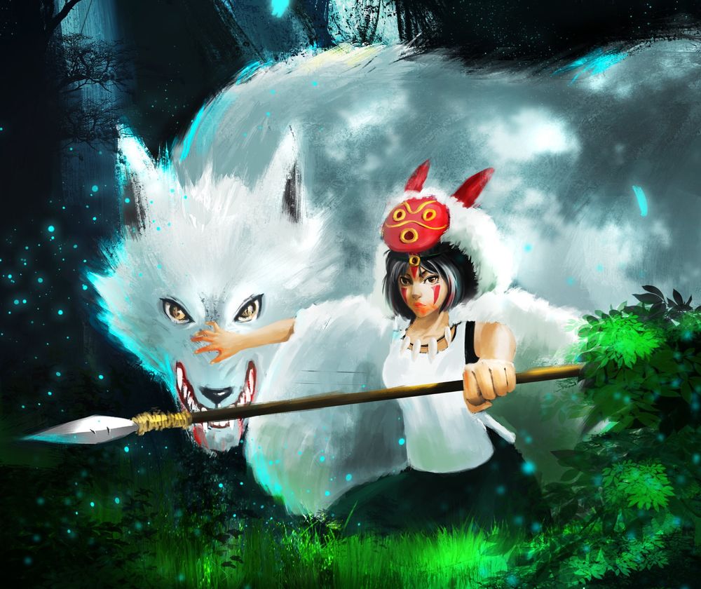 Обои на рабочий стол Princess Mononoke / Принцесса Мононокэ и  богиня-волчица Moro / Моро из аниме Princess Mononoke / Принцесса Мононоке  / Mononoke Hime, обои для рабочего стола, скачать обои, обои бесплатно