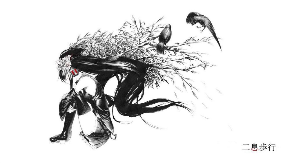 Обои для рабочего стола Вокалоид Хатсуне Мику / Vocaloid Hatsune Miku с ветками в волосах, на которых сидят вороны, art by Sawasawa