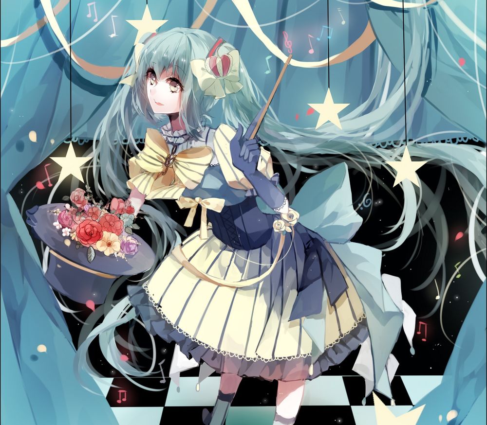 Обои для рабочего стола Вокалоид Хатсуне Мику / Vocaloid Hatsune Miku держит шляпу с цветами, art by Atsumu