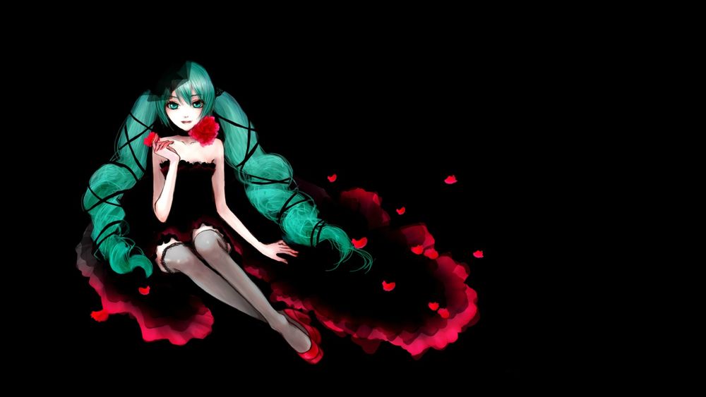 Обои для рабочего стола Вокалоид Хатсуне Мику / Vocaloid Hatsune Miku сидит с розой на черном фоне