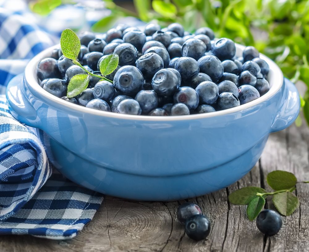 Обои для рабочего стола Черника в голубой керамической чашке на деревянном столе