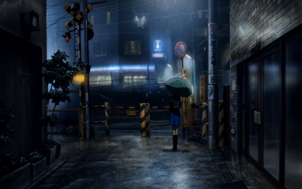 Обои для рабочего стола Девушка с зонтом стоит на улице, аниме Denpa teki na Kanojo