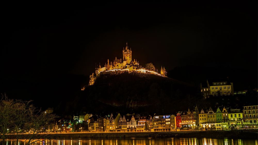 Обои для рабочего стола Germany, Cochem / Германия, Кохем, замок и город ночью