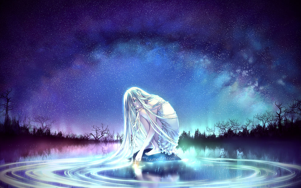 Обои для рабочего стола Девушка сидит на воде на фоне ночного неба, by yuumei