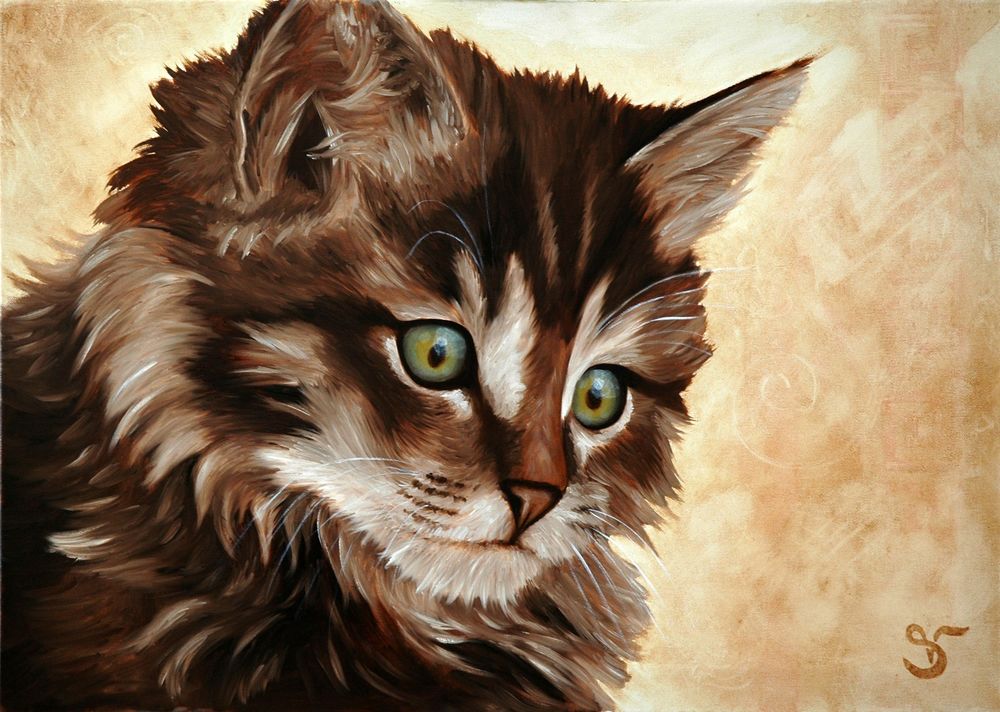 Обои для рабочего стола Рисованный котенок с зелеными глазами, by stephanievalentin