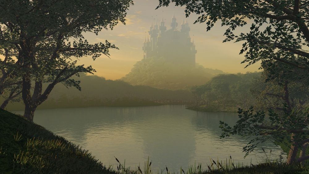Обои для рабочего стола Сказочный замок в тумане возвышается над лесным озером