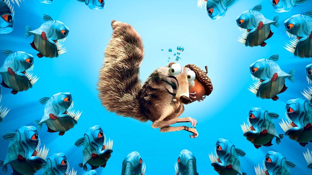 Обои для рабочего стола Scrat / Скрэт, саблезубая крысобелка из мультфильма Ледниковый период окружена стаей хищных рыбок