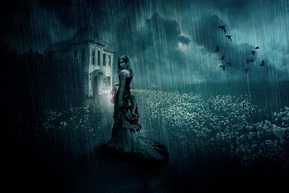 Обои для рабочего стола Девушка в длинном платье с фонарем в руке стоит под дождем недалеко от дома, by bcamelier
