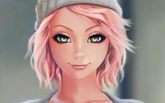 Обои на рабочий стол Зеленоглазая девушка с розовыми волосами в шапочке