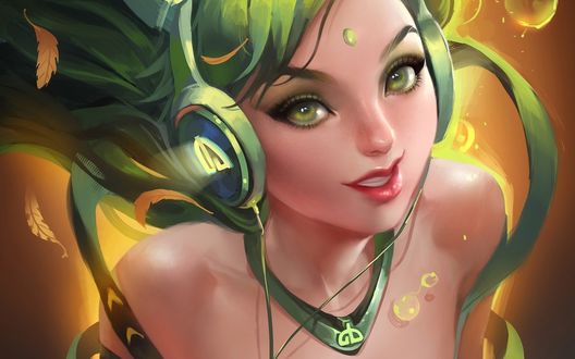 Обои на рабочий стол Зеленоволосая девушка в наушниках, by Sakimichan