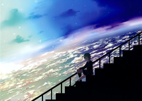 Обои на рабочий стол Vocaloid Gumi Megpoid / Вокалоид Гуми Мегпоид сидит на лестнице и любуется видом, art by MariY