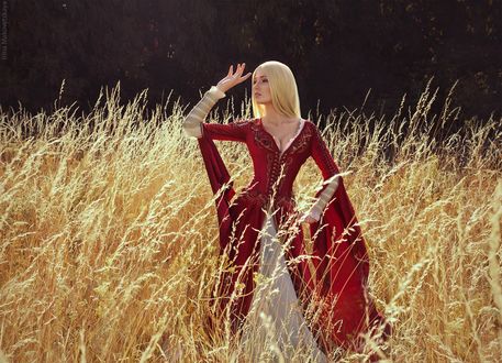 Обои на рабочий стол Cersei Lannister from books A Song of Ice and Fire / Серсея Ланнистер - персонаж серии фэнтези-романов Песнь Льда и Огня в длинном платье стоит в высокой траве, by bellatrixaiden