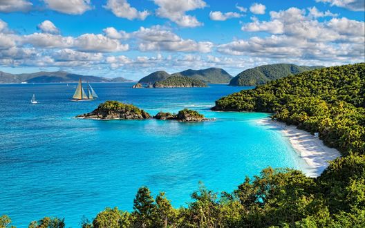 Обои на рабочий стол Virgin Islands, Trunk Bay / Национальный парк Виргинские острова, поросший деревьями берег, небо с пушистыми облаками, лазурное море и парусные яхты вдали