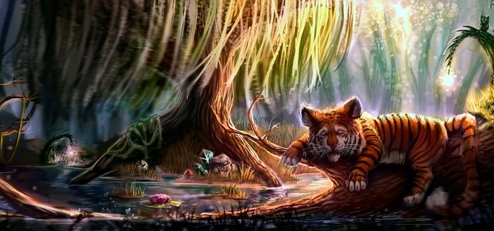 Обои на рабочий стол Cпящий тигренок на упавшем дереве у озера, by gabitigress18