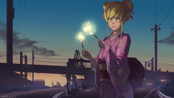 Обои на рабочий стол Синобу Осино / Shinobu Oshino из аниме Истории ран / Kizumonogatari в юкате держит горящие бенгальcкие огоньки, стоя на фоне городского пейзажа на закате, art by MadYY